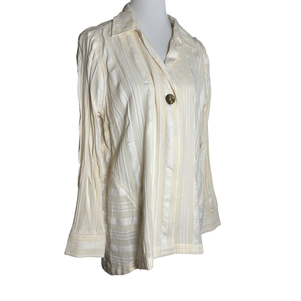 Soft Surroundings Cream Striped Button Front Tunic Top Lace Trim Womens L NWT